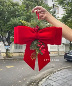 Nơ treo cửa Giáng Sinh màu đỏ mịn