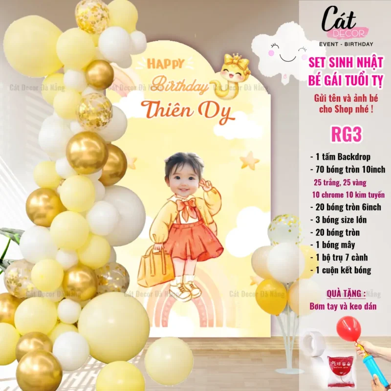 Set bóng trang trí sinh nhật bé GÁI tuổi Tỵ – Vàng