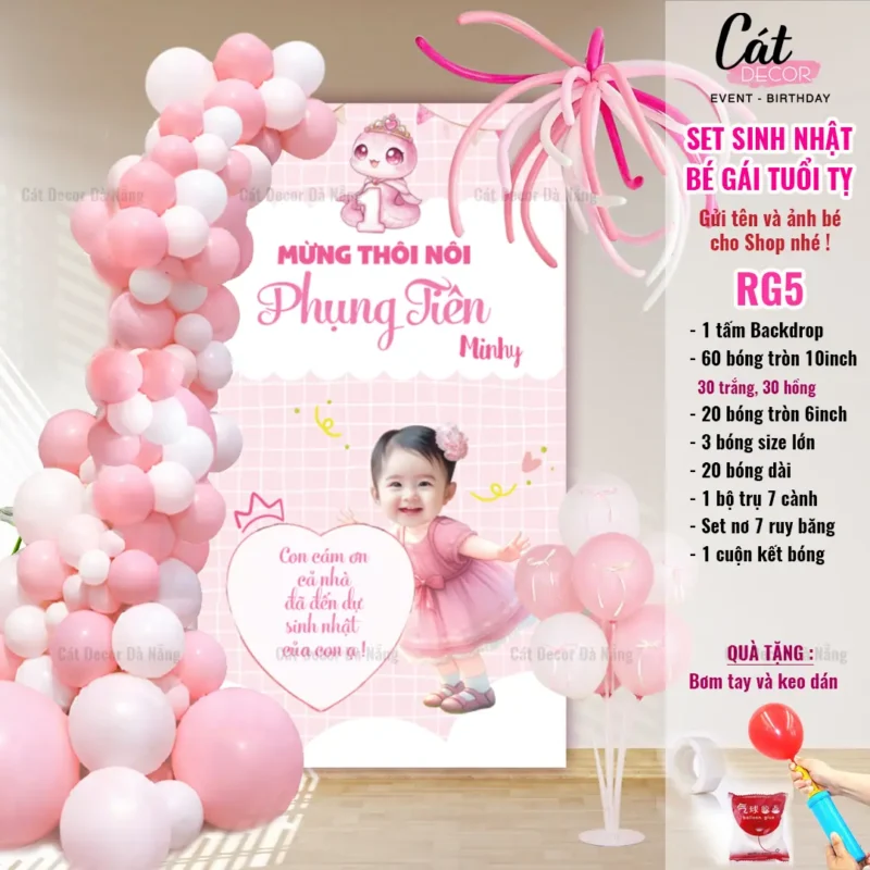 Set bóng trang trí sinh nhật bé GÁI tuổi Tỵ – Hồng