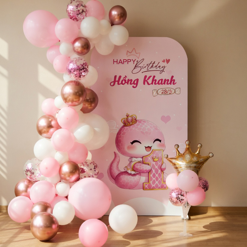Set phông nền sinh nhật bé gái chủ đề con rắn nhiều màu pastel