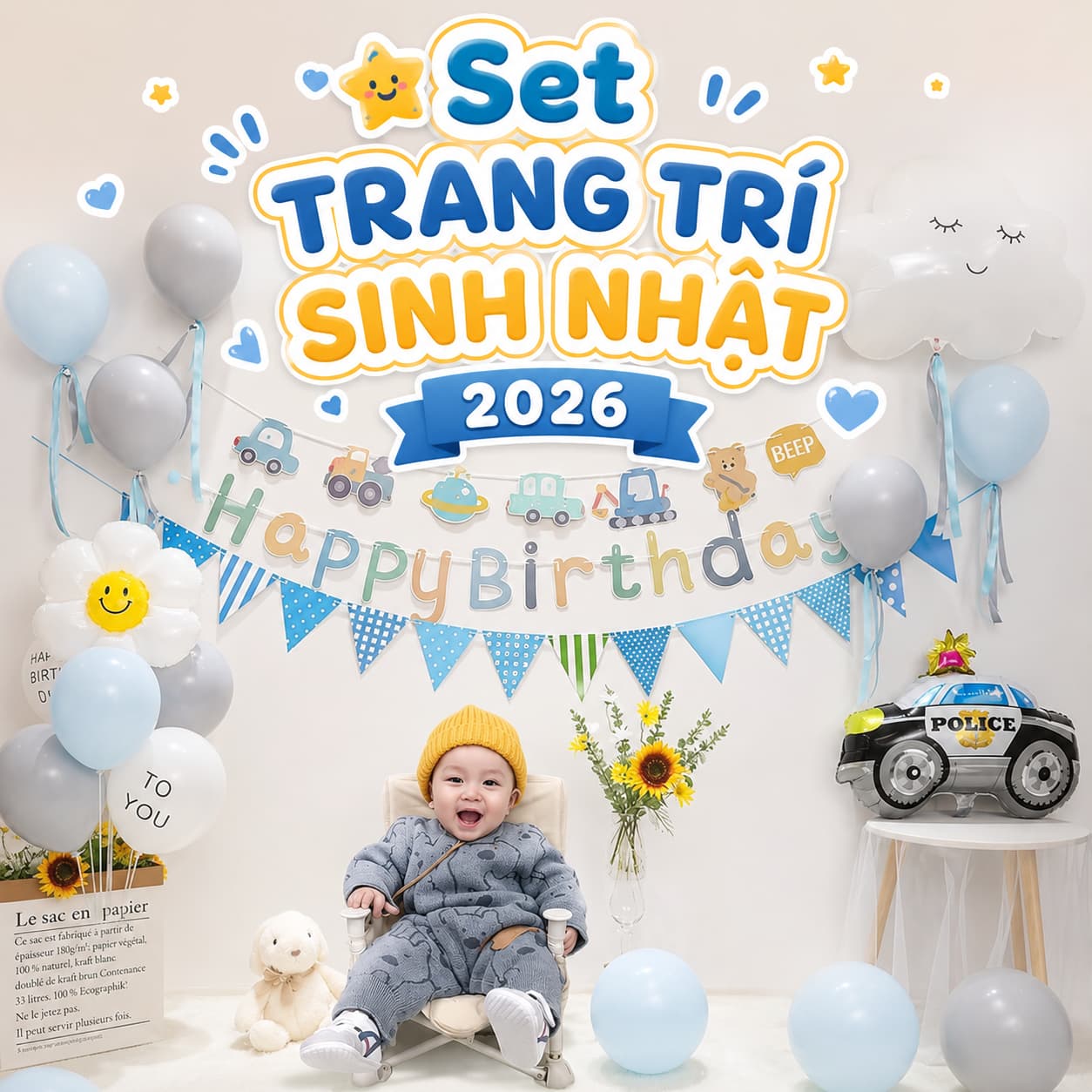 Set trang trí sinh nhật 2026 đầy đủ bóng bay, backdrop và phụ kiện đồng bộ tại Đà Nẵng